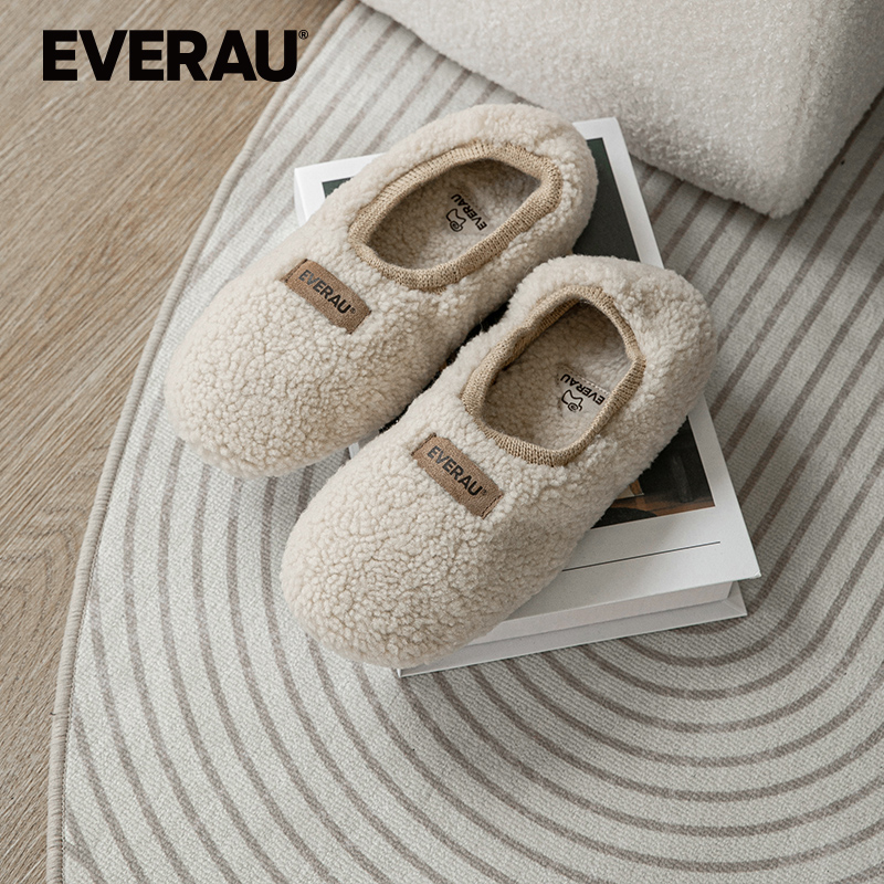 EVERAU休闲家居鞋女士冬季新款羊皮毛一体软底室内鞋EA2055