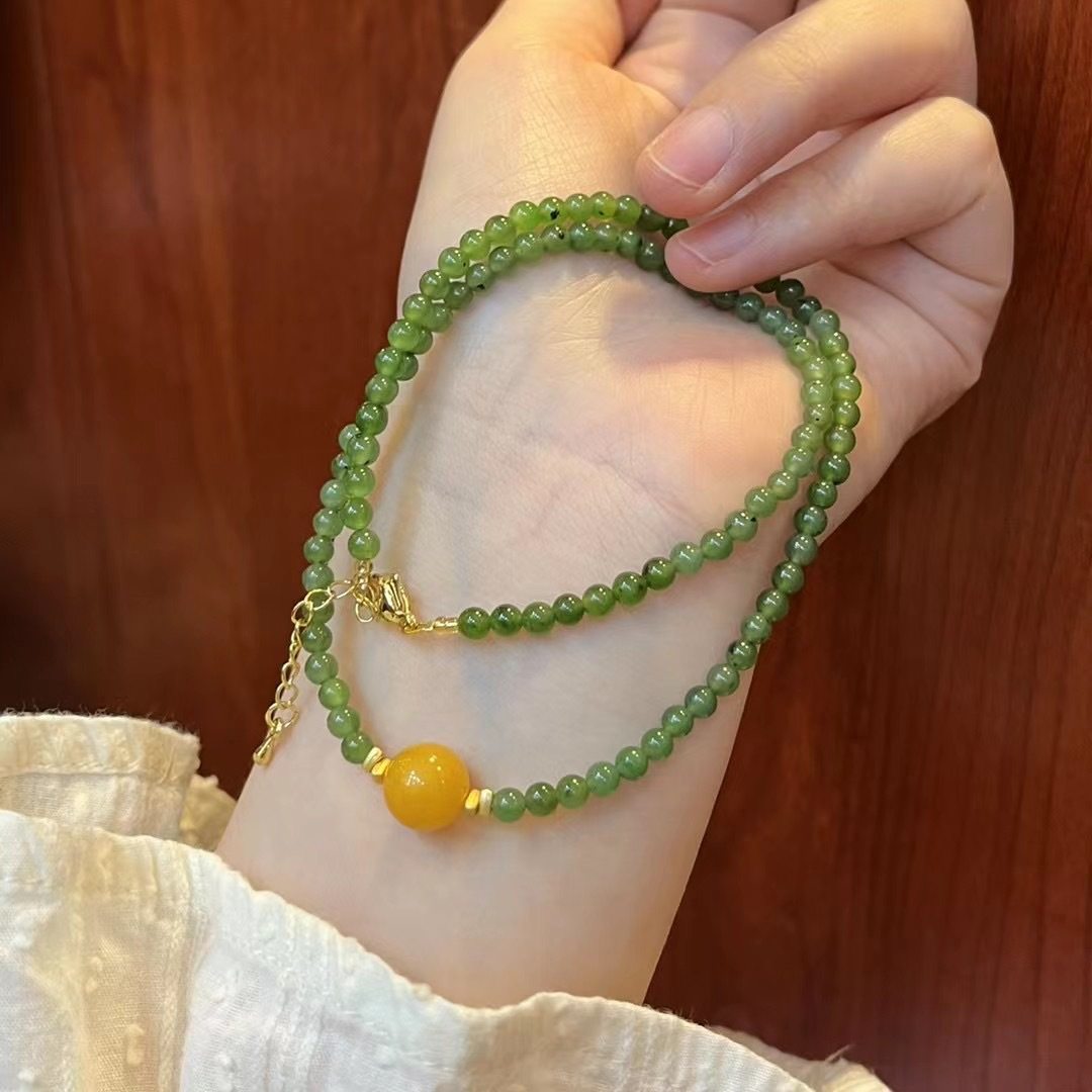 天然乌兰海碧玉搭配蜜蜡女手链项链小众简约蜜蜡锁骨链和田玉手串