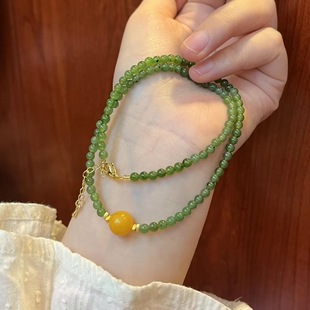 天然乌兰海碧玉搭配蜜蜡女手链项链小众简约蜜蜡锁骨链和田玉手串