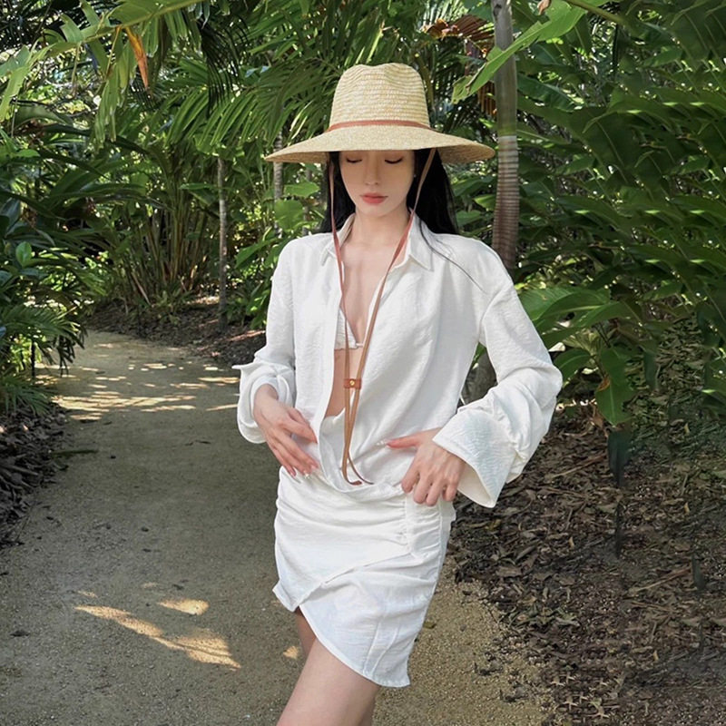 ins海边沙滩度假比基尼衬衫裙游泳衣女三件套遮肚网红小胸爆款夏