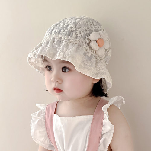 新款婴儿帽子春夏公主蕾丝花朵渔夫帽婴幼儿童盆帽女宝宝遮阳防晒