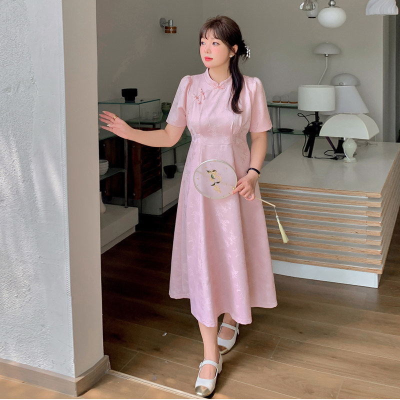 thumbnail for 新中式改良国风盘扣旗袍连衣裙女夏季大码胖mm200斤显瘦遮肉裙子