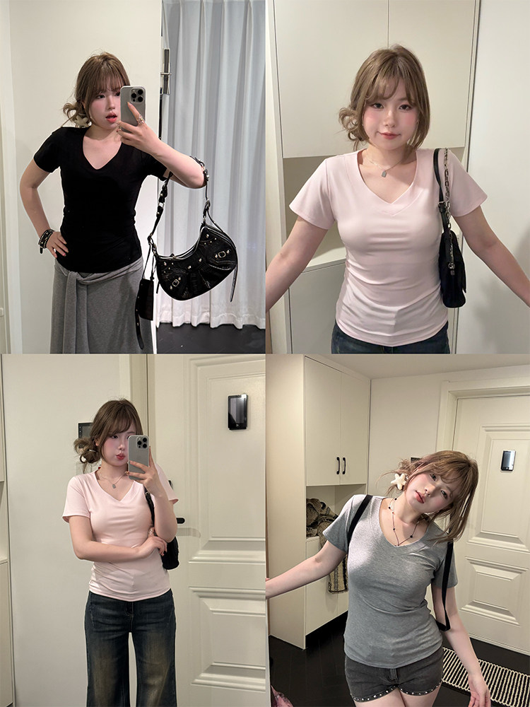 Овощные шары cool sweetheart Tencel, дышащая футболка с v-образным вырезом и короткими рукавами, повседневный универсальный топ на одно плечо для женщин Изображение 1