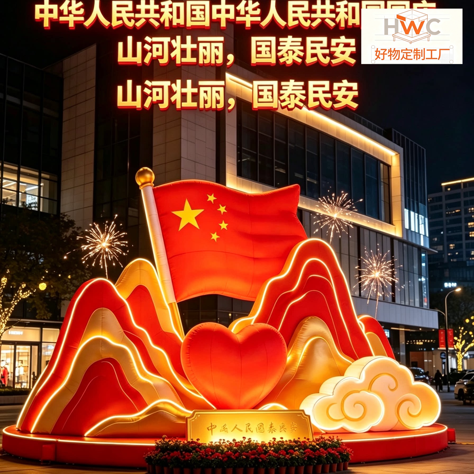 国庆节千里江山充气气模爱心云朵装饰商场广场商业街打卡美陈布置图片