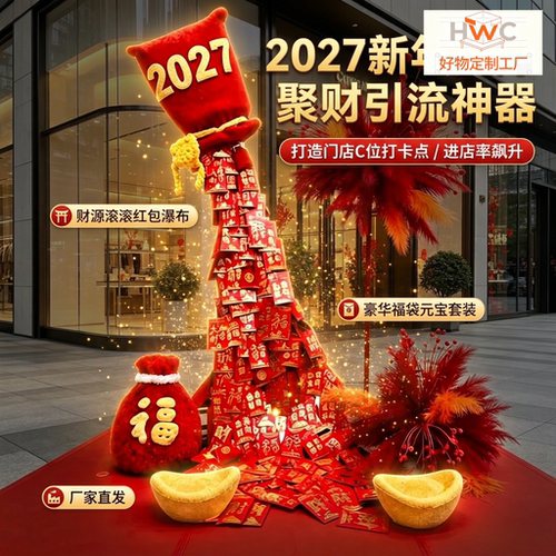 网红同款巨型红包瀑布树商场中庭橱窗美陈国庆节创意打卡点引流
