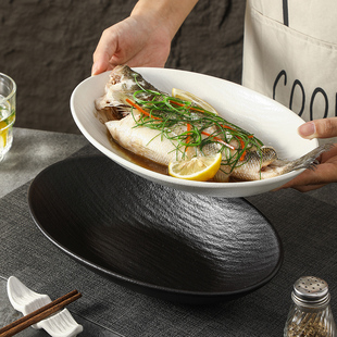 石纹鱼汤盘家用高级感陶瓷盘子新款大号蒸鱼深盘子菜盘创意蛋型盘