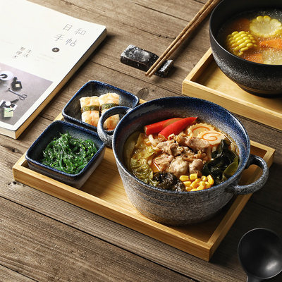 一人食餐具日式陶瓷双耳汤碗吃面碗早餐碗筷碗碟套装创意拉面碗