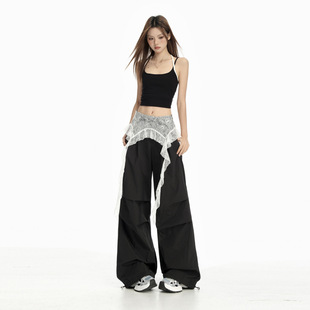 美式辣妹假两件蕾丝拼接阔腿工装裤夏季薄款宽松女裤