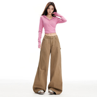 美式卡其色工装牛仔裤女款新款多口袋复古休闲阔腿宽松直筒微喇