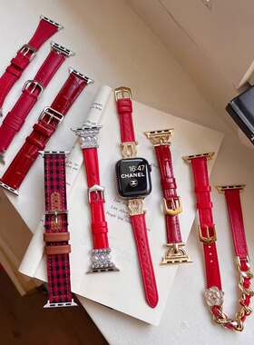 适用iwatchs10表带s9新年款限定se红色手表带S8苹果apple watch真皮高级s6新款s5秋冬se金属镶钻s7女款ultra2