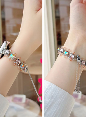 夏天炫彩水晶适用applewatch9表带iwatchs8苹果iwatchs9手链式手表带s7654321代se女款iphonewatch金属s9表链