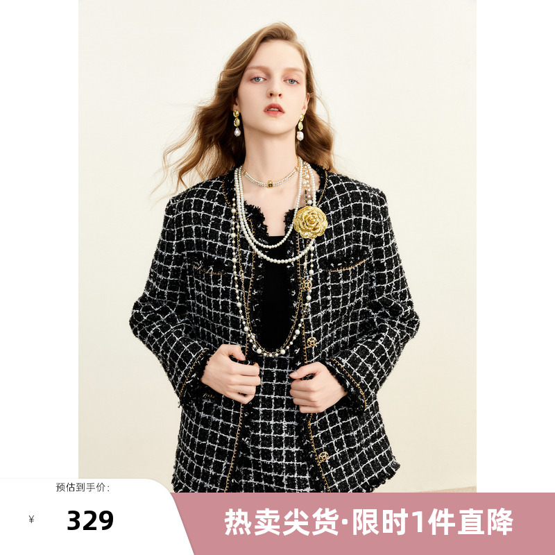 COCOON/可可尼格纹气质毛呢外套