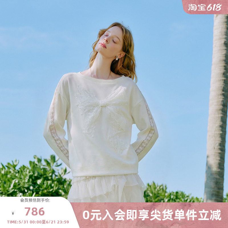 MISSCOCOON可可尼宽松短款白色上衣女2026春季新款蕾丝蝴蝶结卫衣