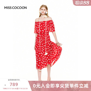 MISSCOCOON【莫奈花园】春夏新款复古大红碎花真丝一字肩连衣裙