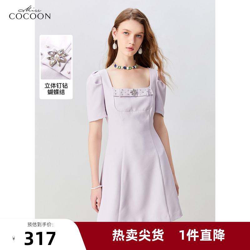 missCOCOON法式方领连衣裙2025夏季新款女收腰修身短款连衣裙