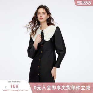 missCOCOON气质裙子秋装新款女装时尚撞色大翻领绣花连衣裙