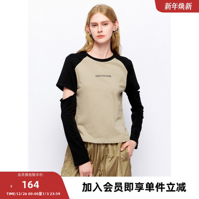 MISSCOCOON【反叛风潮】春新款简约拼色插肩袖镂空休闲圆领T恤