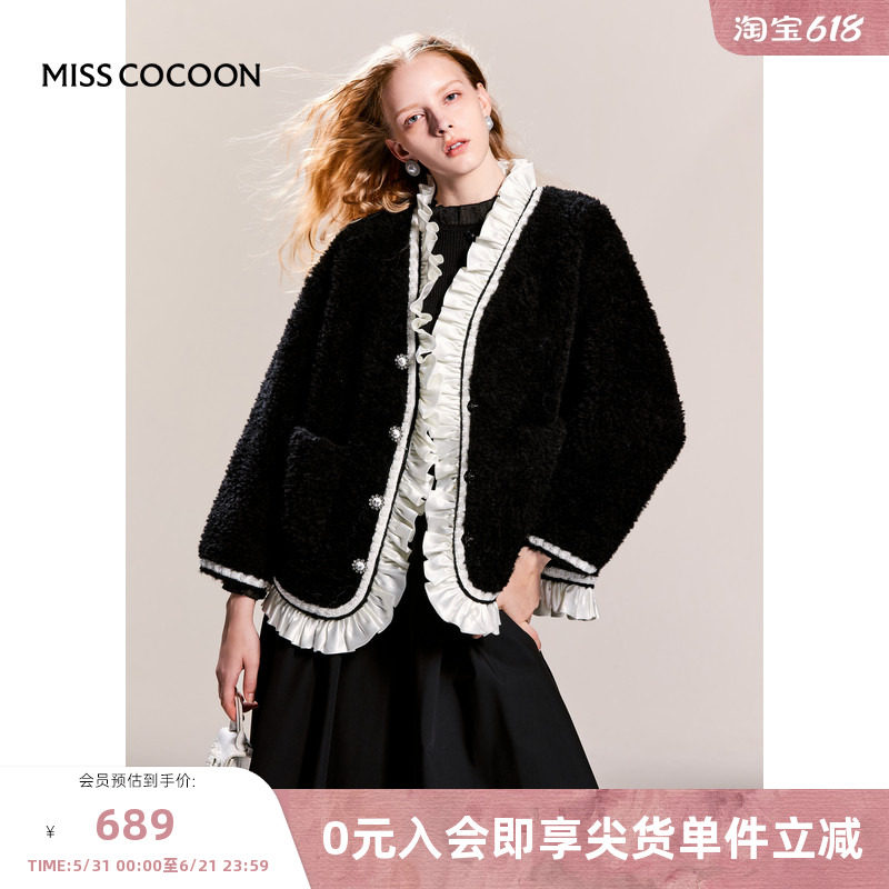 MISSCOCOON羊毛皮草女款新款蝴蝶结花边大衣小个子黑色外套