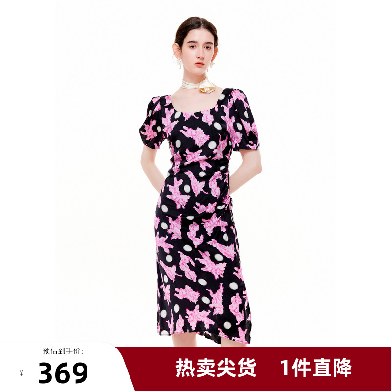 MISSCOCOON【莫奈花园】春夏新款法式茶歇方领抽褶泡泡袖连衣裙