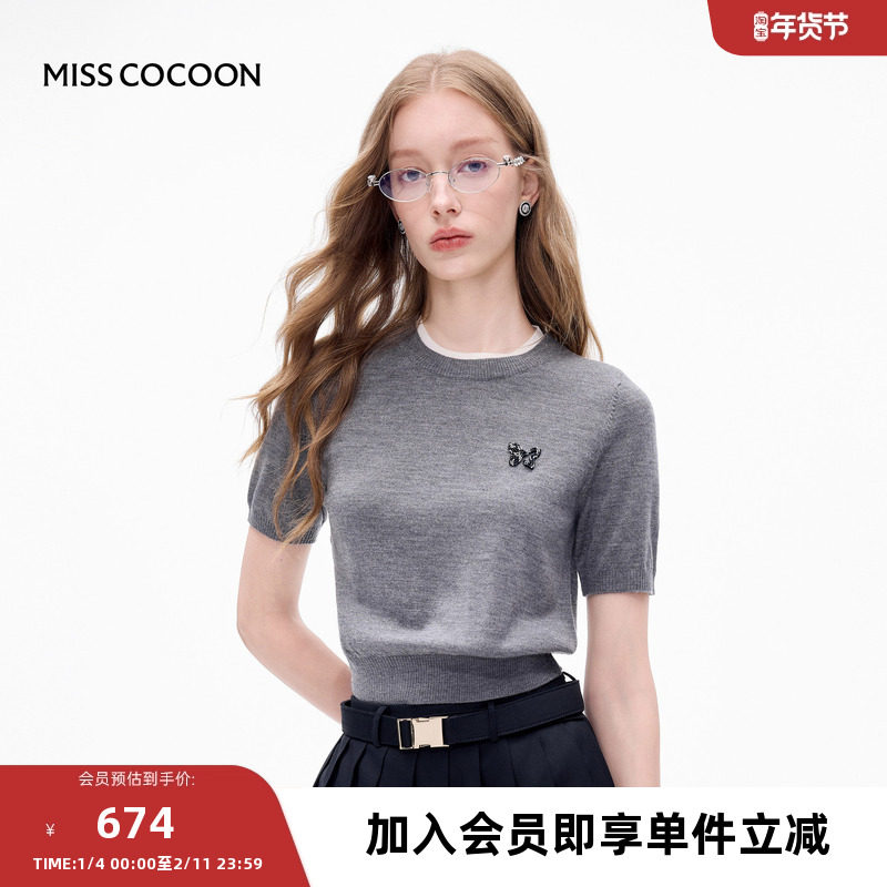 MISSCOCOON可可尼灰色针织短袖女2025秋季新款100%羊毛上衣T恤,女装/女士精品,毛针织衫,淘宝优惠券,粉丝福利购,淘宝优惠卷