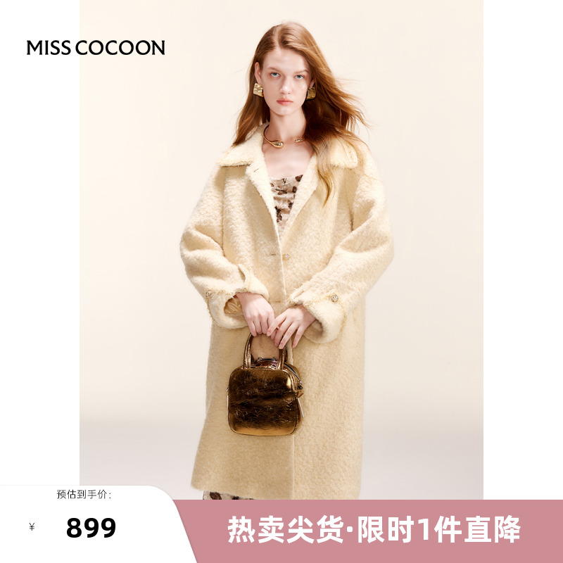 可可尼COCOON2024冬季新款法式赫本风大翻领羊毛粗花呢毛呢外套女