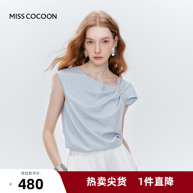 MISS COCOON可可尼设计感知性蓝色斜肩上衣2025夏季新款短袖女t恤