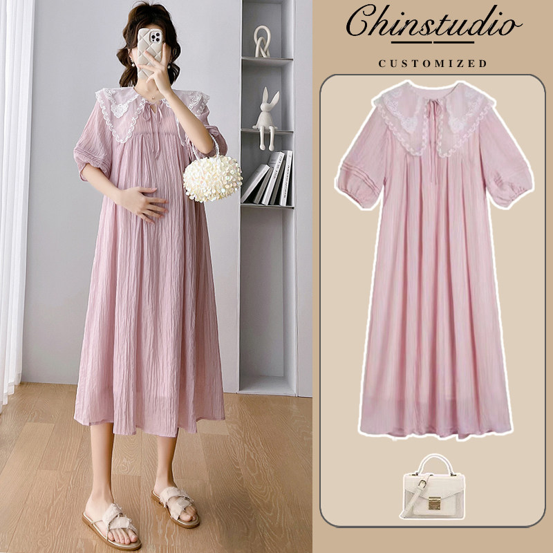 大码孕妇装夏季连衣裙韩版宽松娃娃领潮妈裙子中长款仙女裙200斤