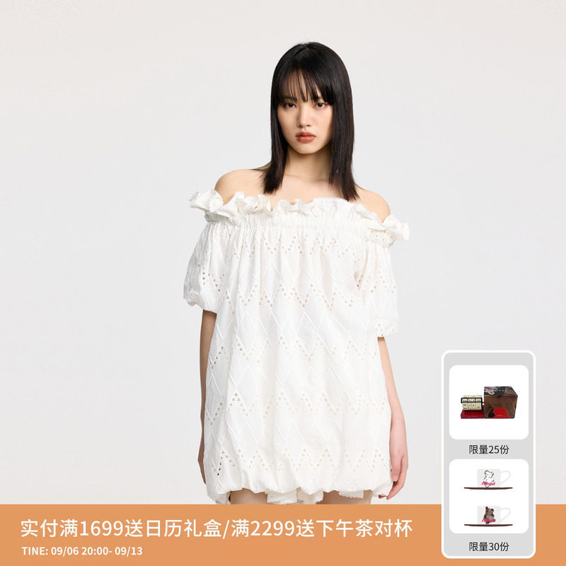 REVAN芮范设计师款花边领一字肩连衣裙RL31101156图片
