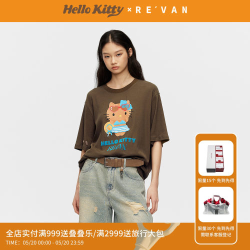 REVAN芮范黑皮HelloKitty松弛感中性复古橄榄绿T恤RK31001530