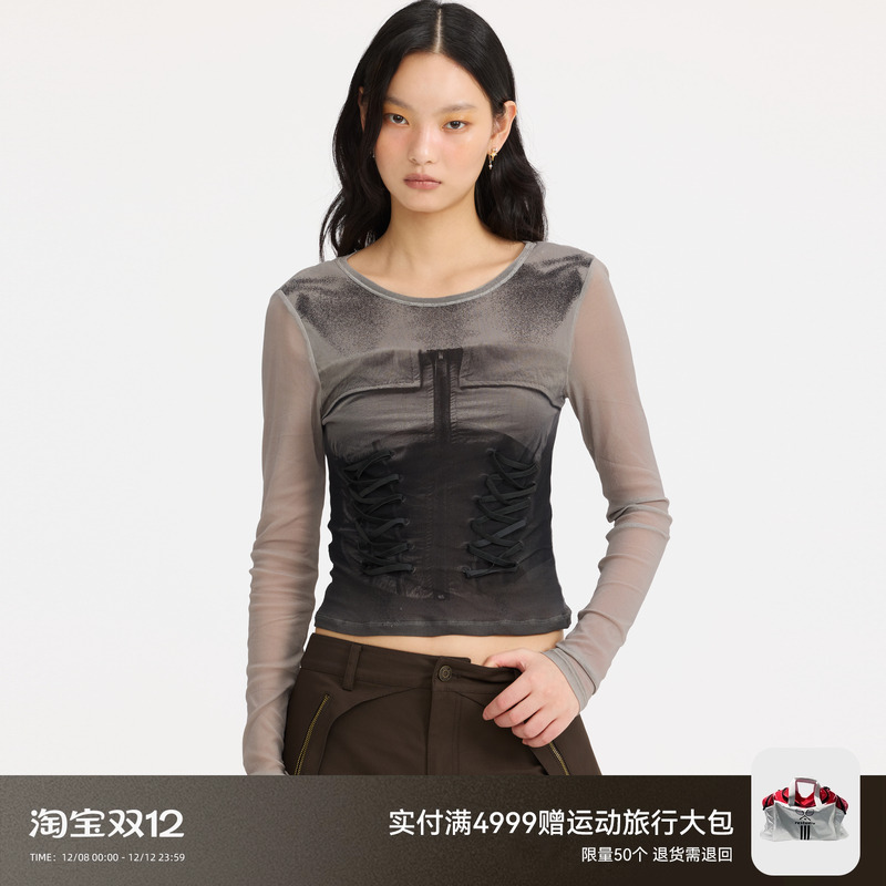 【浪姐同款】REVAN芮范绑带印花网纱打底衫RL10801046