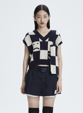 REVAN芮范设计师款趣味感笑脸棋盘格背心RN11202040