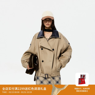 REVAN芮范设计师款 卡其色双排扣立领短风衣RK10201200 经典