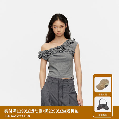 REVAN芮范设计师款浪漫手工立体花朵斜肩T恤RK31001304