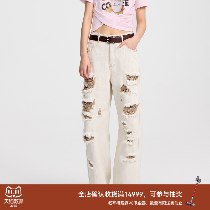 REVAN芮范2025夏季新品设计师款撞色磨破毛边牛仔裤RL31302179