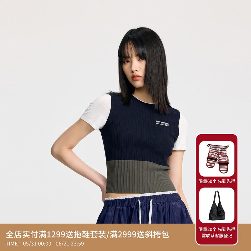 REVAN芮范设计师款藏青军绿拼接短袖毛衫RL30601166