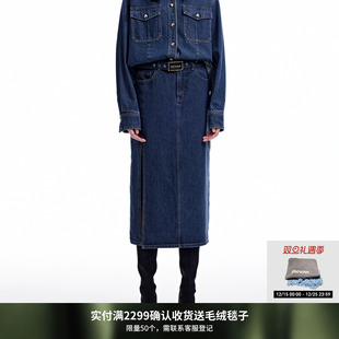 REVAN芮范设计师款 复古风开叉牛仔长裙RN91507215