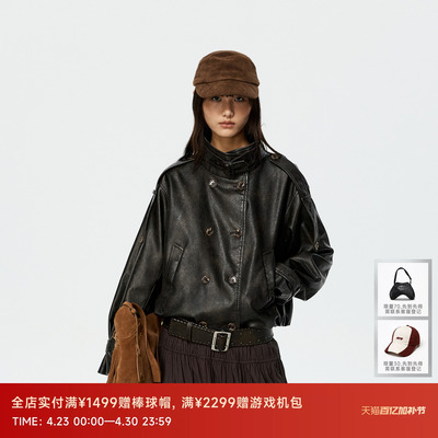 REVAN芮范设计师款经典机车风双排扣PU皮衣短外套RK10105390