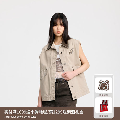 REVAN芮范设计师款钉钻翅膀卡其牛仔马甲RL30703162