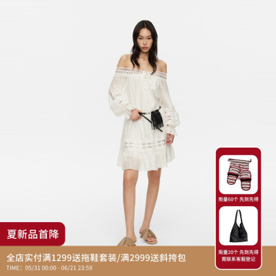 REVAN芮范设计师款流苏腰包一字领蕾丝拼接白色连衣裙RK31101122