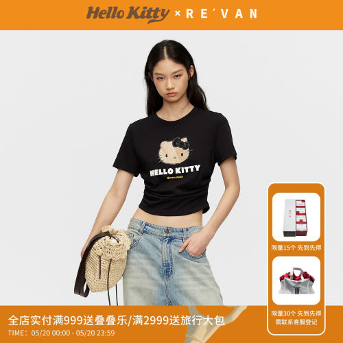 REVAN芮范黑皮HelloKitty假日下摆弧形腰间抽褶黑色T恤RK31001037