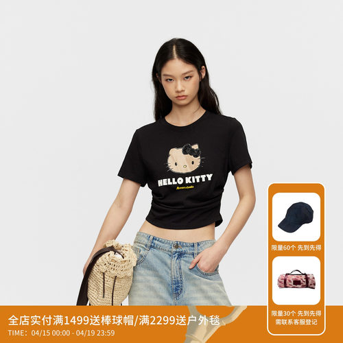 REVAN芮范黑皮HelloKitty假日下摆弧形腰间抽褶黑色T恤RK31001037