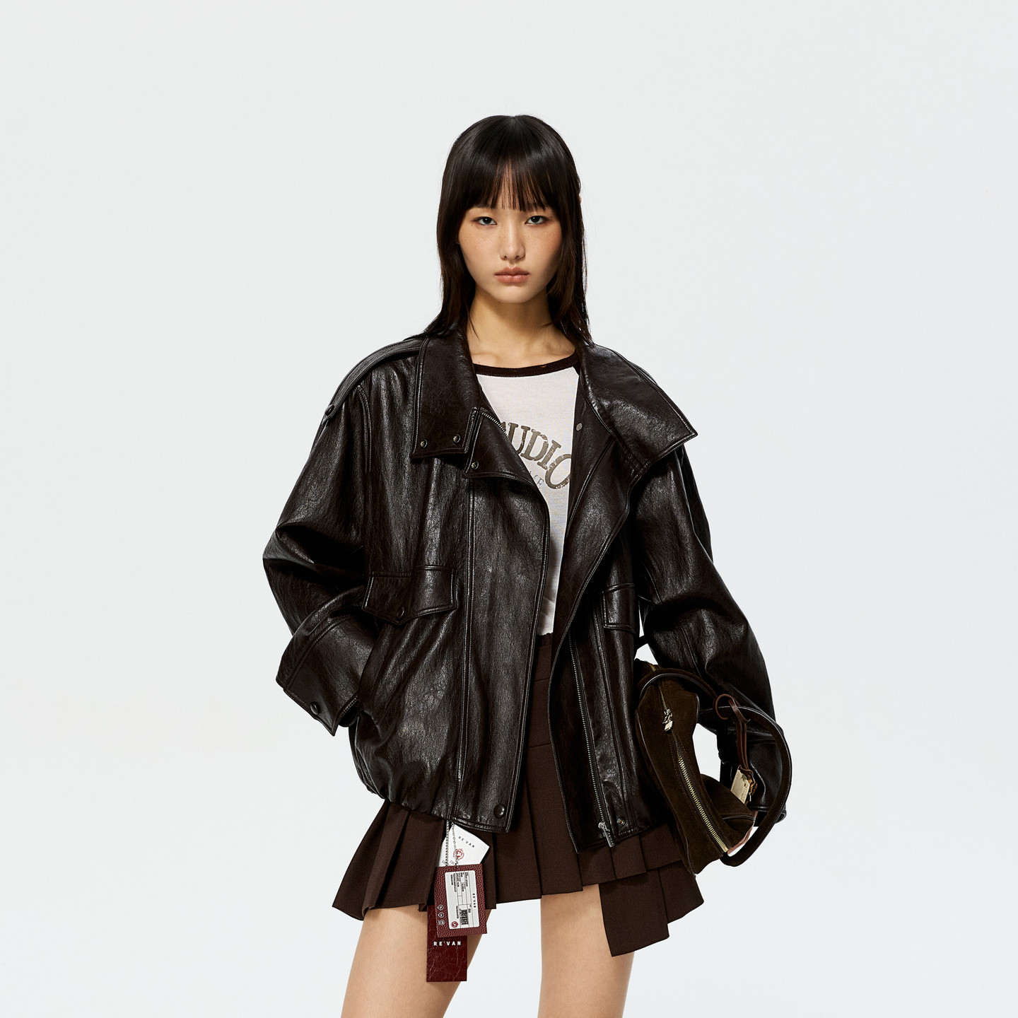 REVAN芮范设计师款酷飒质感棕咖色立领PU皮衣外套RK10105177