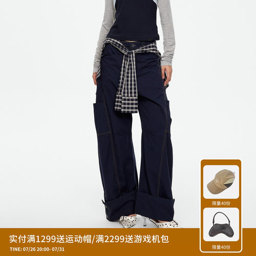 REVAN芮范设计师款复古松弛感格纹屁帘阔腿工装裤RK71301431