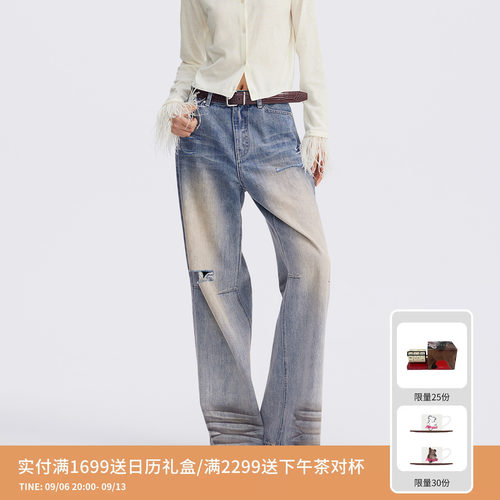 REVAN芮范设计师款酒红色腰带渐变牛仔裤RL71302045