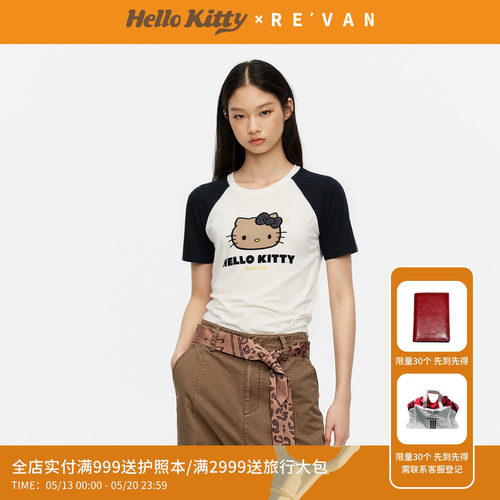 REVAN芮范黑皮HelloKitty夏日风弧形下摆插肩袖T恤RK31001035