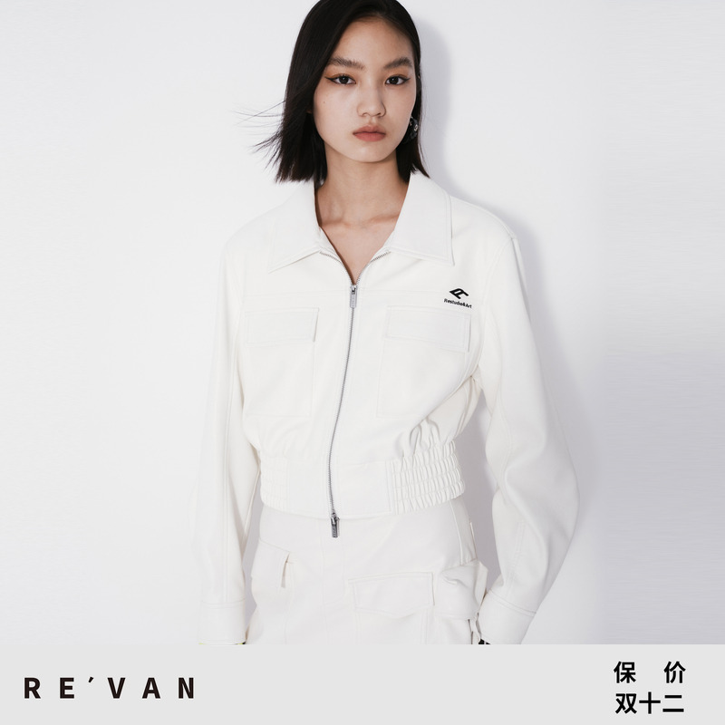 REVAN芮范设计师款经典绣花白色皮衣外套RM70105265