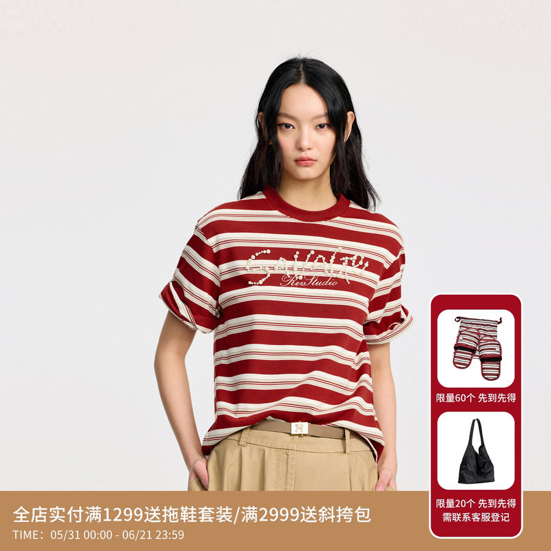 REVAN芮范设计师款珍珠钉珠红色条纹T恤RL31001389