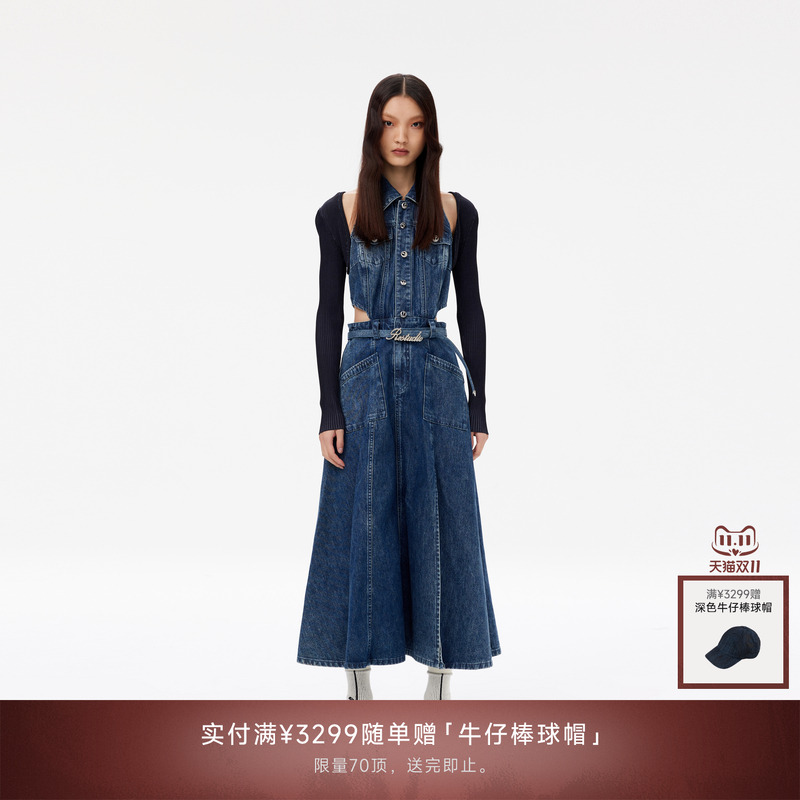 REVAN芮范新品设计师款复古坎肩牛仔连衣裙RM11102131