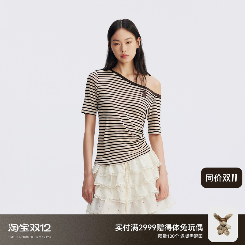 REVAN芮范设计师款斜肩咖啡条纹短袖T恤RL31001512