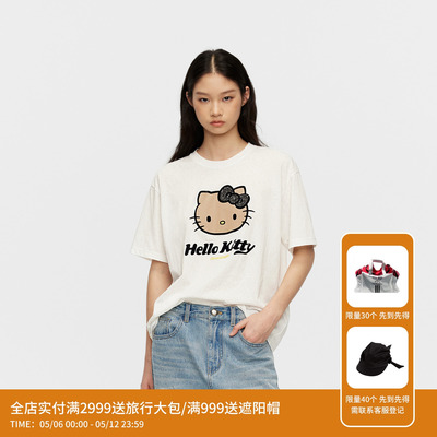 REVAN芮范黑皮HelloKitty假日感鱼子酱白色宽松T恤RK31001038